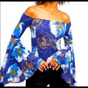 New FREE PEOPLE Navy Blue Birds Of Paradise Bell Sleeve Floral Top M Medium
